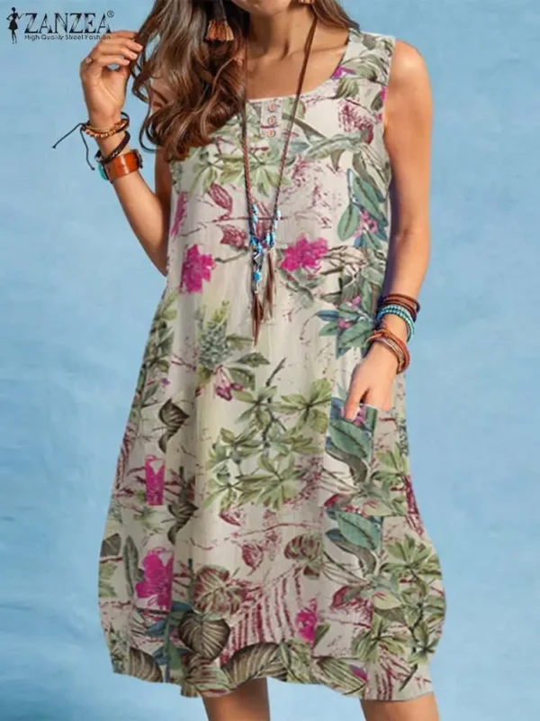 ZANZEA Bohemian Beach Dress Summer Vintage Floral Printed Sundress Women Sleeveless Knee-length Robe Holiday Vestidos Sarafans - Image 5