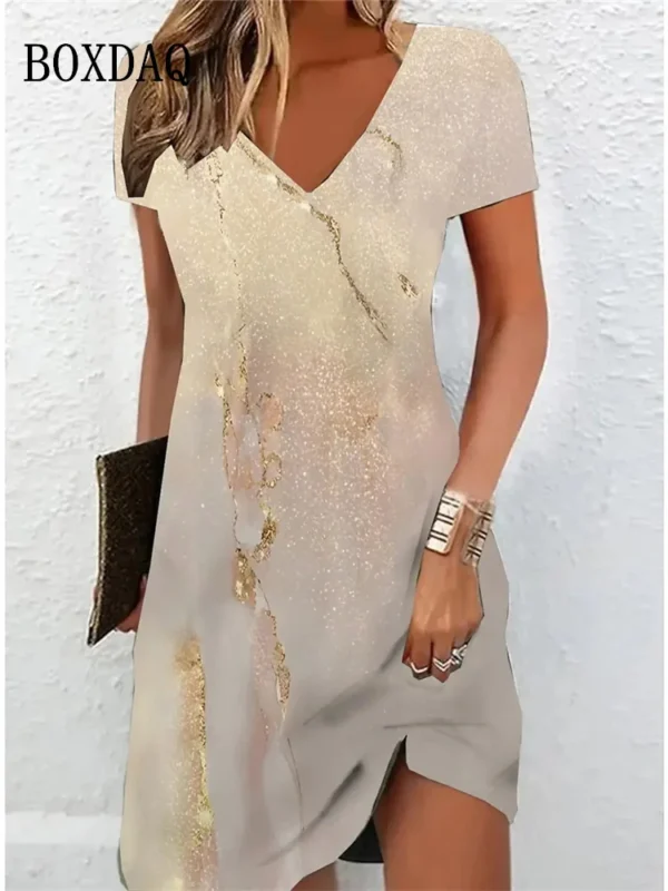 Women's Casual Dress Summer 2024 Marble Print V Neck Short Sleeve Midi Dress Tie Dye Drawing Fashion Plus Size Dress Vestidos - Image 4