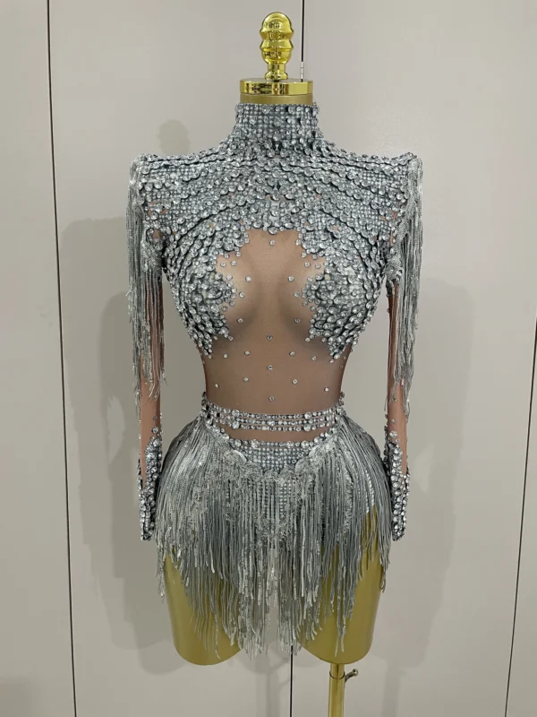 Women Sparkly Rhinestone Sequin Tassel Stretch Bodysuits 2025 New Arrival Birthday Party Nightclub Dj Stage Performance Costume