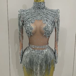 Women Sparkly Rhinestone Sequin Tassel Stretch Bodysuits 2025 New Arrival Birthday Party Nightclub Dj Stage Performance Costume