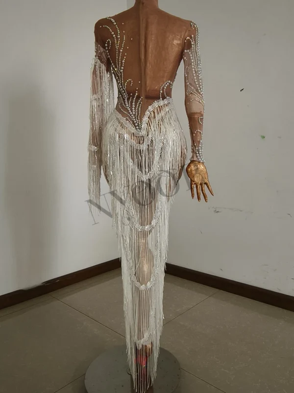 Sparkly Rhinestones Sequins Fringes Birthday Celebrate Evening Dress Women Sexy Mesh Transparent Dance Costume Photo Shoot Wear - Image 3