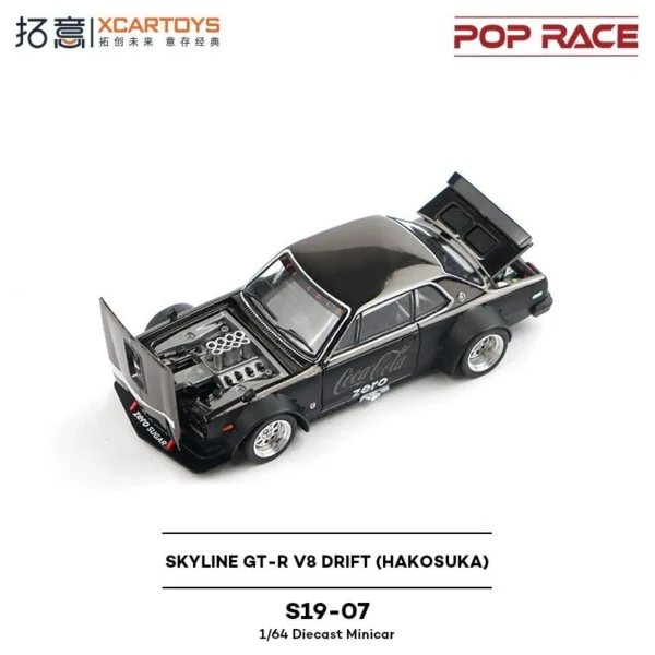 Xcartoys x POP RACE 1:64 SKYLINE GT-R V8 DRIFT (HAKOSUKA) ZERO BLACK CHROME Diecast Model Car - Image 3