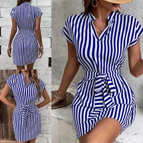 Women Spring Summer Style A-Line Dress Lady Casual Sleeveless Turn-down Collar Striped Printed Dress Vestidos - Image 6