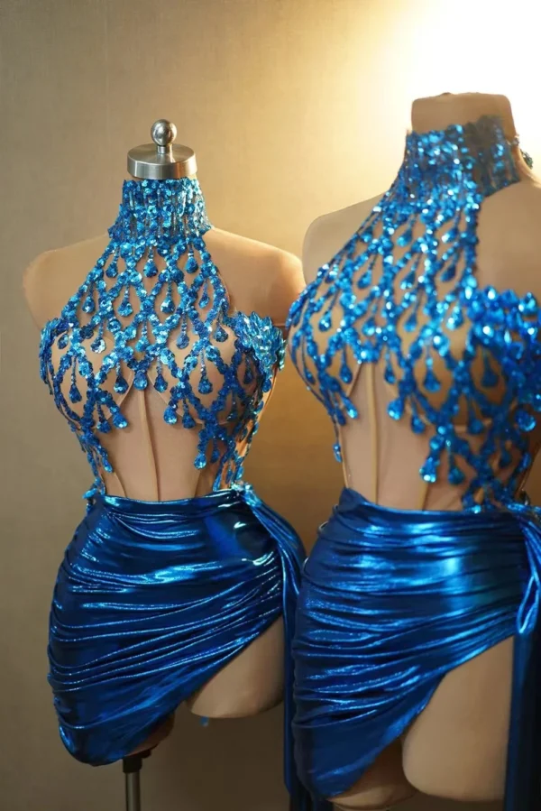 Birthday Party Celebration Dress Blue Sequins Halter Evening Dresses Singer Dancer Stage Clothing Drag Queen Costume - Image 6