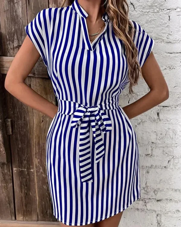 Women Spring Summer Style A-Line Dress Lady Casual Sleeveless Turn-down Collar Striped Printed Dress Vestidos - Image 3