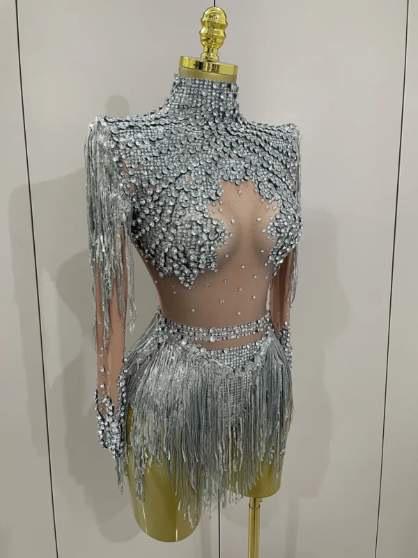 Women Sparkly Rhinestone Sequin Tassel Stretch Bodysuits 2025 New Arrival Birthday Party Nightclub Dj Stage Performance Costume - Image 2