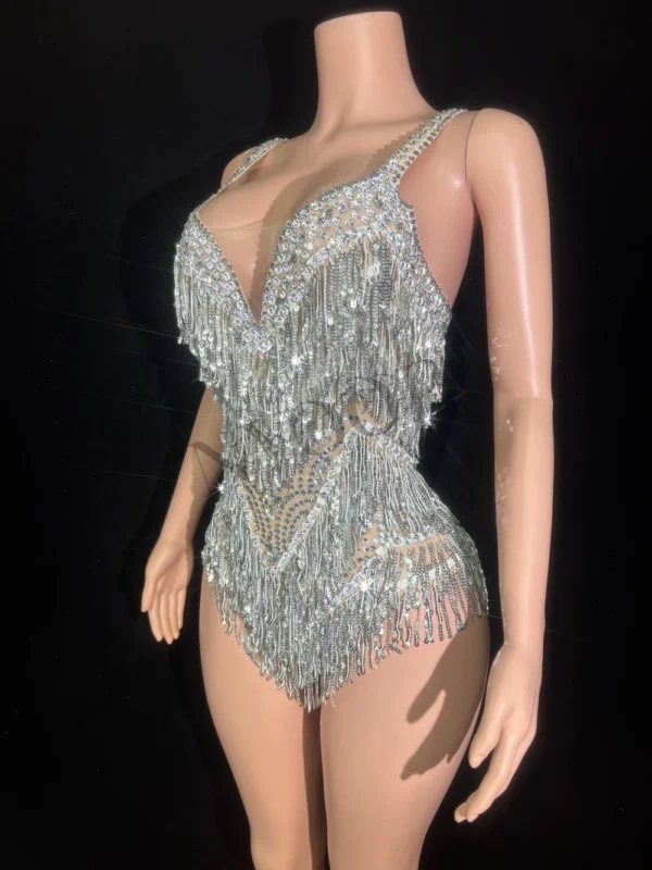Sparkly Rhinestones Sequins Tassel Bodysuit for Women Sexy See Through Performance Dance Costume Singer Dancer Stage Wear - Image 2
