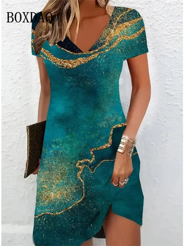 Women's Casual Dress Summer 2024 Marble Print V Neck Short Sleeve Midi Dress Tie Dye Drawing Fashion Plus Size Dress Vestidos - Image 3