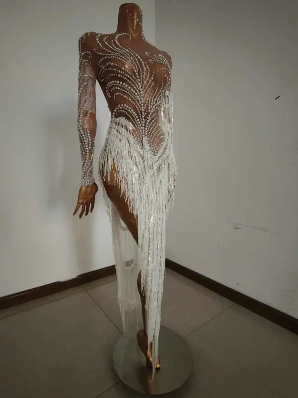 Sparkly Rhinestones Sequins Fringes Birthday Celebrate Evening Dress Women Sexy Mesh Transparent Dance Costume Photo Shoot Wear - Image 2