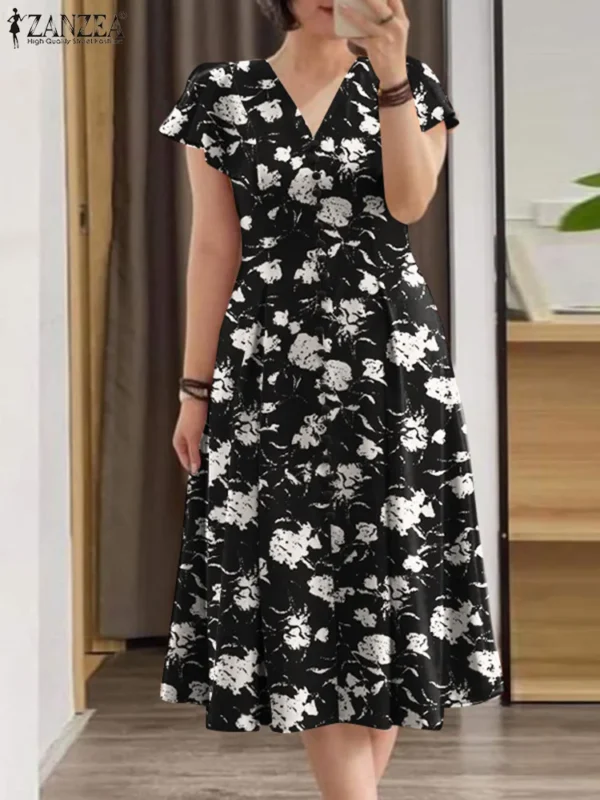 ZANZEA Woman Summer Midi Dress Fashion Floral Print Ruffle Cap Sleeves V-neck A-line Vestidos Casual Fitted-waist Party Sundress - Image 2