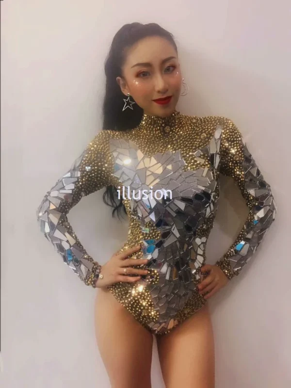 Shining Gold Rhinestones Mirrors Bodysuit Women's Birthday Celebrate Party Outfit DS Bar Singer Dancer Show Performance Costume - Image 3