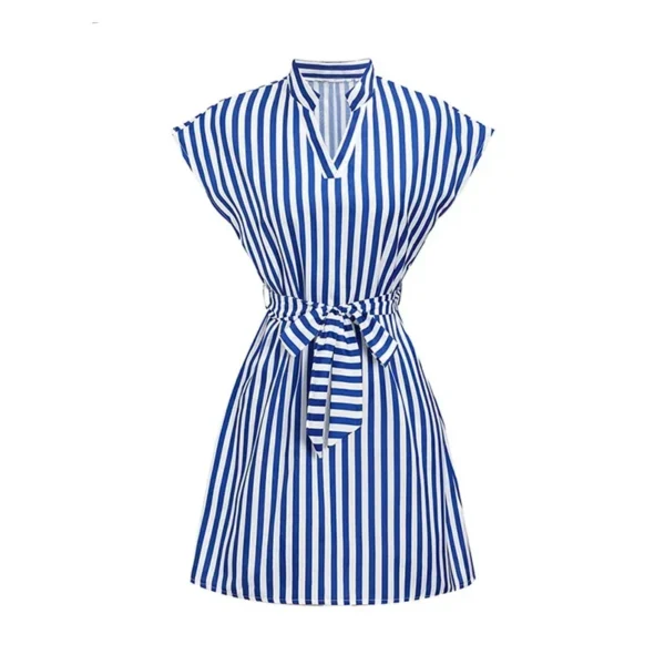 Women Spring Summer Style A-Line Dress Lady Casual Sleeveless Turn-down Collar Striped Printed Dress Vestidos - Image 5
