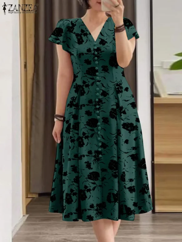 ZANZEA Woman Summer Midi Dress Fashion Floral Print Ruffle Cap Sleeves V-neck A-line Vestidos Casual Fitted-waist Party Sundress - Image 3