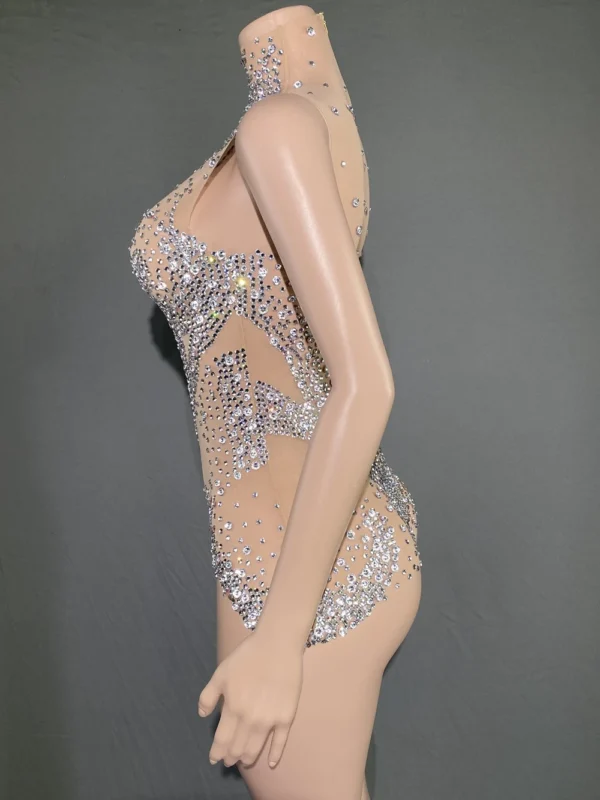 Sparkly Rhinestones Bodysuit for Women Sexy Mesh See Through Performance Dance Costume Singer Dancer Show Stage Wear - Image 4