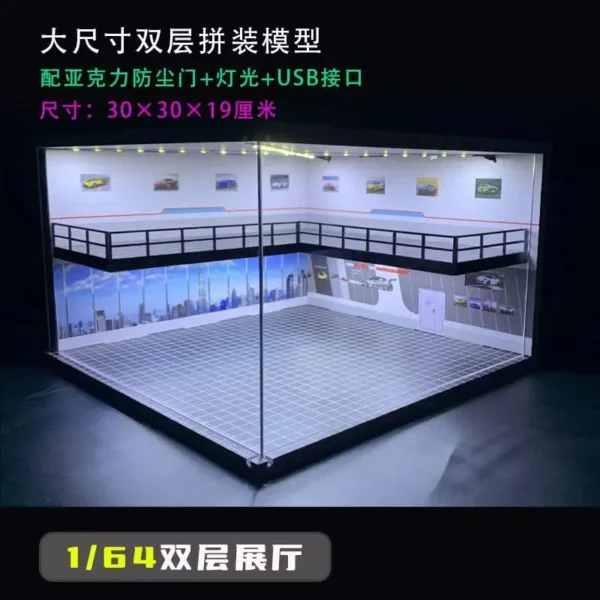 XuFan 1:64 Diorama Car Garage Model Set 1:64 Assemble Diorama USB LED Lighting Model Car Garage Parking Lots Miniatures Models - Image 2