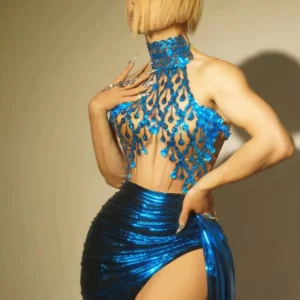 Birthday Party Celebration Dress Blue Sequins Halter Evening Dresses Singer Dancer Stage Clothing Drag Queen Costume