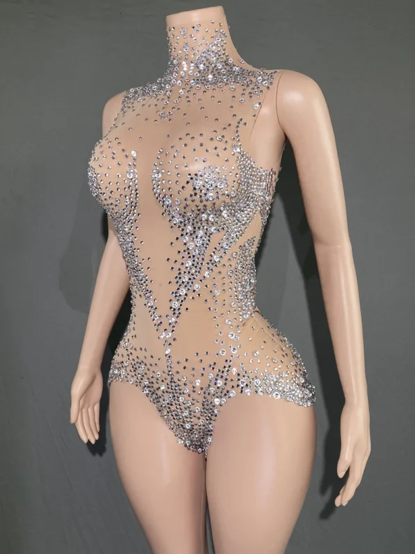 Sparkly Rhinestones Bodysuit for Women Sexy Mesh See Through Performance Dance Costume Singer Dancer Show Stage Wear - Image 2