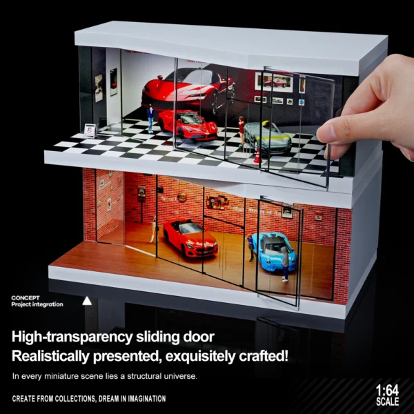 1/64 Auto Shop Miniature Scene Model Simulation Parking Lot with Lights Garage Storage Display Box - Image 2