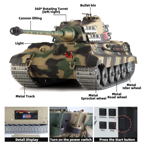 Heng Long rc tanks 1/16 German King Tiger tank Model(Metal Road Wheel & Sprocket wheel & Gun canal)(360ﾂｰRotating Turret) - Image 4