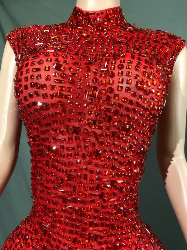 Sparkly Red Rhinestone Sleeveless Stretch Long Dress Women Sexy Mesh Celebrate Evening Prom Birthday Dress Photo Shoot Show Wear - Image 3