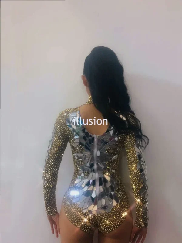 Shining Gold Rhinestones Mirrors Bodysuit Women's Birthday Celebrate Party Outfit DS Bar Singer Dancer Show Performance Costume - Image 4