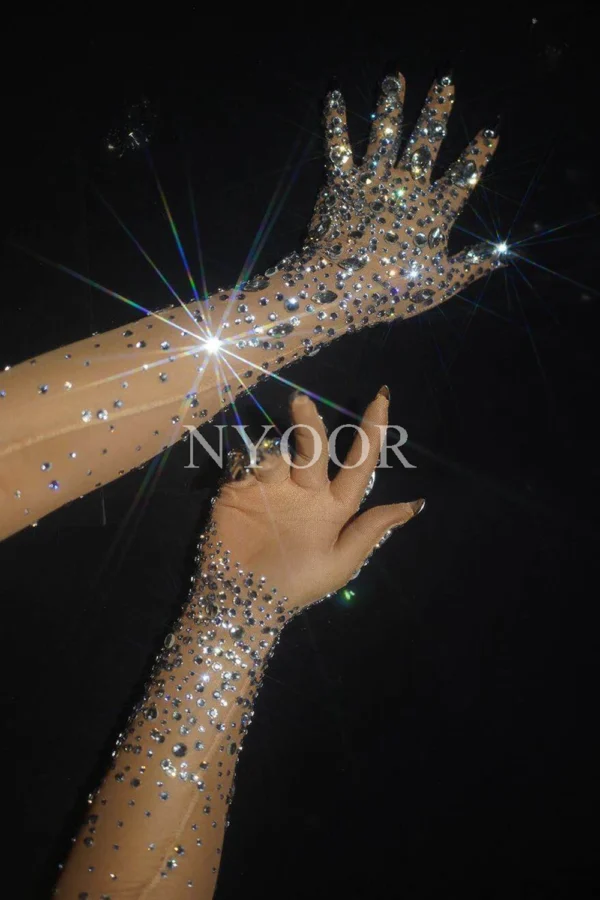 Luxurious Stretch Rhinestones Gloves Women Sparkly Crystal Mesh Long Gloves Dancer Singer Nightclub Dance Stage Show Accessories - Image 3