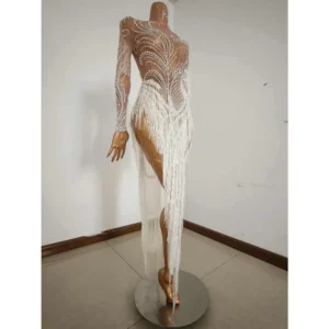 Sparkly Rhinestones Sequins Fringes Birthday Celebrate Evening Dress Women Sexy Mesh Transparent Dance Costume Photo Shoot Wear