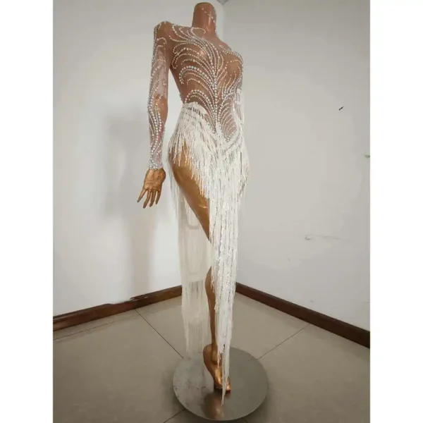 Sparkly Rhinestones Sequins Fringes Birthday Celebrate Evening Dress Women Sexy Mesh Transparent Dance Costume Photo Shoot Wear