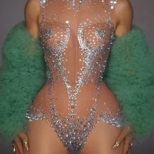 bodysuit-and-jacket| Sparkly Rhinestones Leotard for Women Sexy Mesh See Through Dance Performance Costume Singer Dancer Stage Bodysuit Club Wear