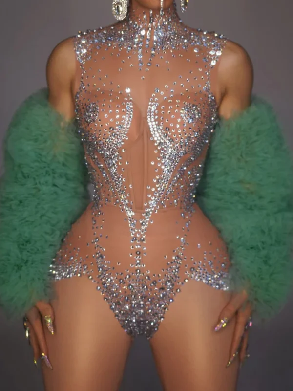 bodysuit-and-jacket| Sparkly Rhinestones Leotard for Women Sexy Mesh See Through Dance Performance Costume Singer Dancer Stage Bodysuit Club Wear
