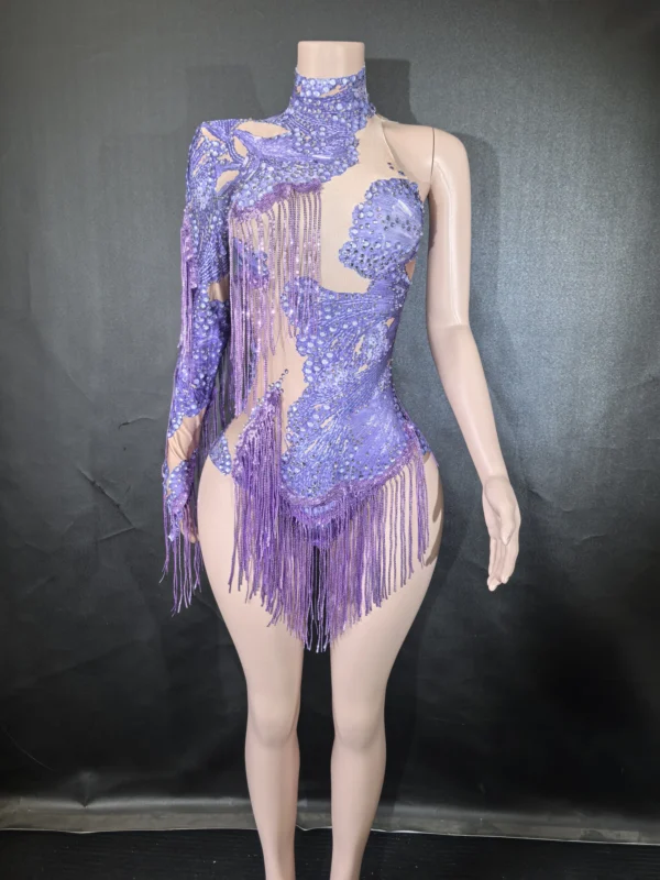 Sexy Skinny Leotard Singer Dancer Show StageWear Sparkly Blue Rhinestones Women DanceCostume Fringes One Shoulder Bodysuit 7G