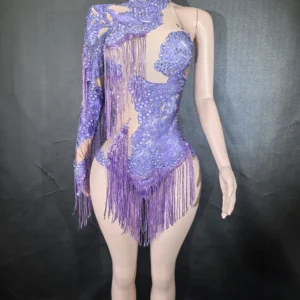 Sexy Skinny Leotard Singer Dancer Show StageWear Sparkly Blue Rhinestones Women DanceCostume Fringes One Shoulder Bodysuit 7G