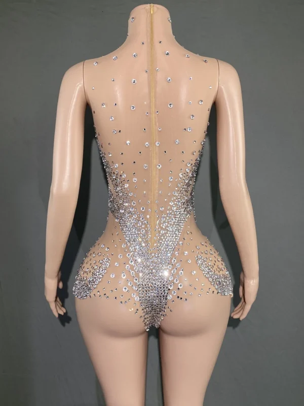 Sparkly Rhinestones Bodysuit for Women Sexy Mesh See Through Performance Dance Costume Singer Dancer Show Stage Wear - Image 3