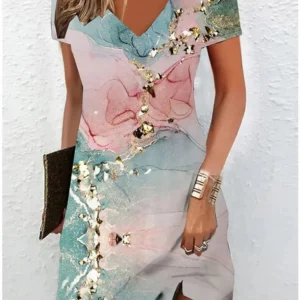 Women's Casual Dress Summer 2024 Marble Print V Neck Short Sleeve Midi Dress Tie Dye Drawing Fashion Plus Size Dress Vestidos