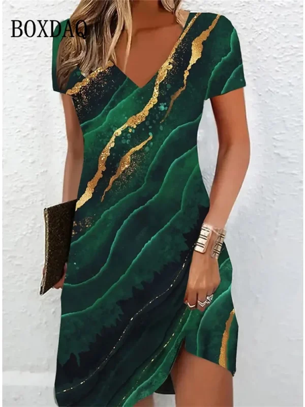 Women's Casual Dress Summer 2024 Marble Print V Neck Short Sleeve Midi Dress Tie Dye Drawing Fashion Plus Size Dress Vestidos - Image 2