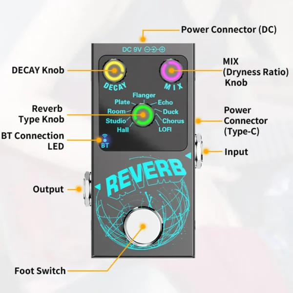Guitar Effects Pedal Digital Reverb Guitar 9 Different Reverb Guitar Effect Pedal Wireless Accompaniment DECAY/MIX Luminous - Image 6