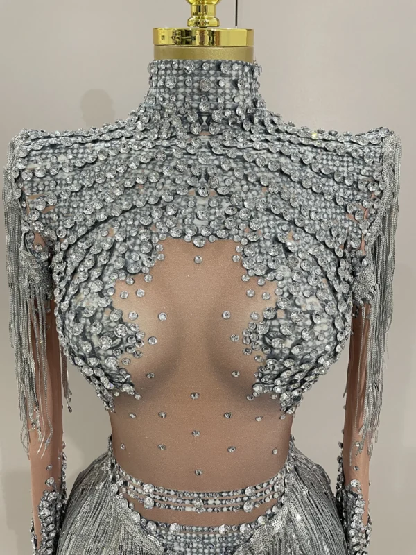 Women Sparkly Rhinestone Sequin Tassel Stretch Bodysuits 2025 New Arrival Birthday Party Nightclub Dj Stage Performance Costume - Image 3