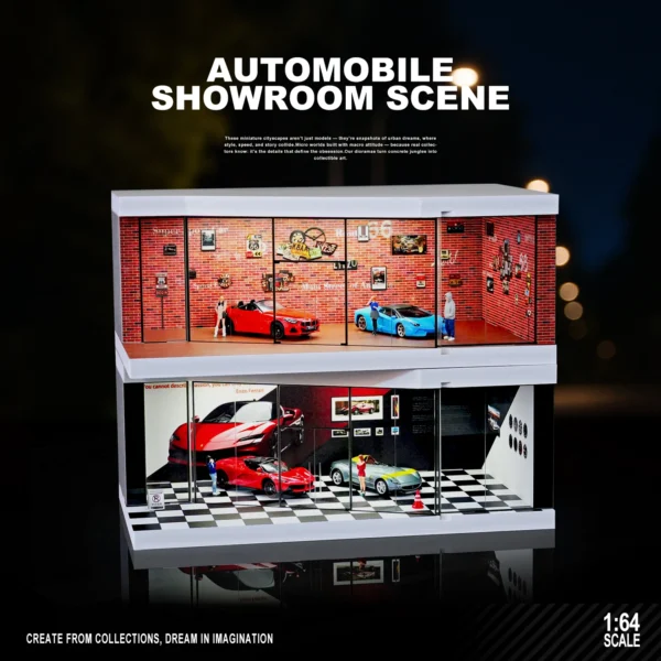 1/64 Auto Shop Miniature Scene Model Simulation Parking Lot with Lights Garage Storage Display Box