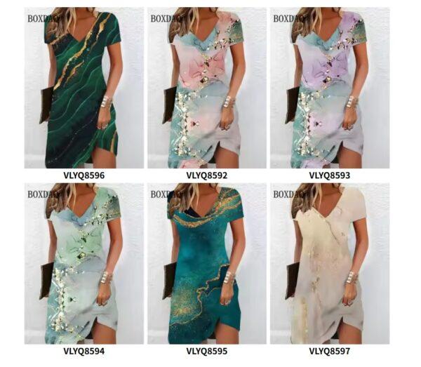 Women's Casual Dress Summer 2024 Marble Print V Neck Short Sleeve Midi Dress Tie Dye Drawing Fashion Plus Size Dress Vestidos - Image 5