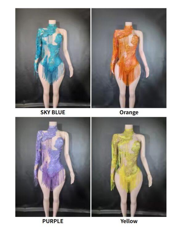 Sexy Skinny Leotard Singer Dancer Show StageWear Sparkly Blue Rhinestones Women DanceCostume Fringes One Shoulder Bodysuit 7G - Image 5