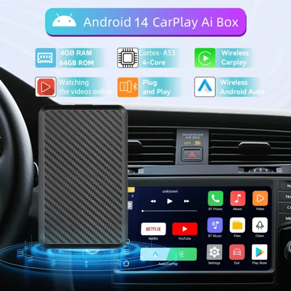 2025 Android14 New CarPlay Ai Box 4G+64G Wired to Wireless Smart Dongle 3In1 Plug and Play For Youtube Nexflit Wifi Mini Box - Image 2