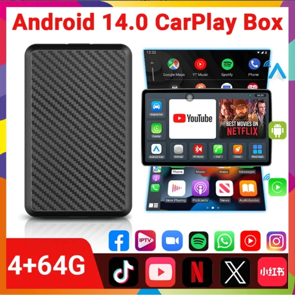 2025 Android14 New CarPlay Ai Box 4G+64G Wired to Wireless Smart Dongle 3In1 Plug and Play For Youtube Nexflit Wifi Mini Box
