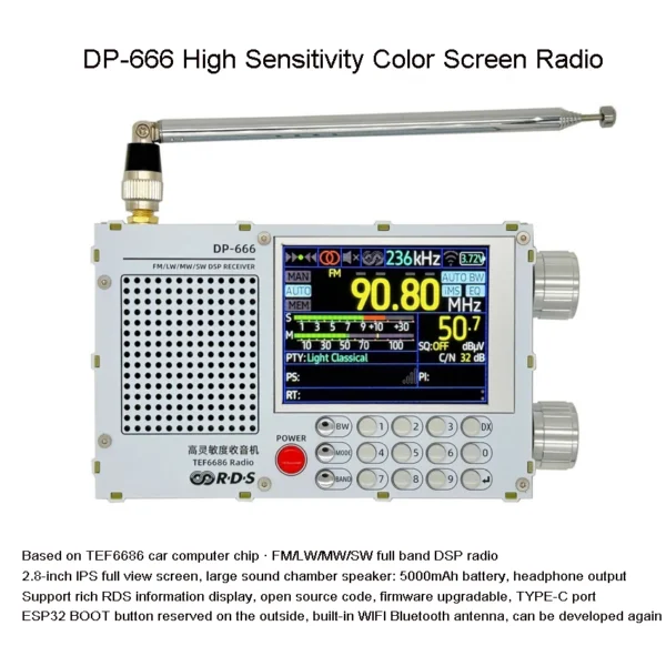 TEF6686 DSP Radio DP 666 High Sensitivity Full Band FM AM FM Shortwave 2.8 inch 320x240 Resolution 3.7V/5000mAh