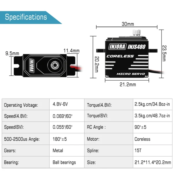 INJORA INJS480 Coreless Micro Servo with Servo Saver for Losi Micro B Micro T - Image 2