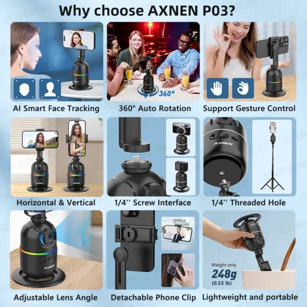 Smart Auto Face Tracking Desktop AI Gimbal for Smartphone & Action Camera 360 Rotation Follow Focus Vlog Kit Option with light and remote - Image 6