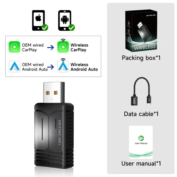 2025 HEYINCAR 2in1 Wireless Android Auto Adapter Carplay Smart Dongle Plug and Play For Kia Volvo Audi MG Opel VW Hyundai Jeep - Image 7