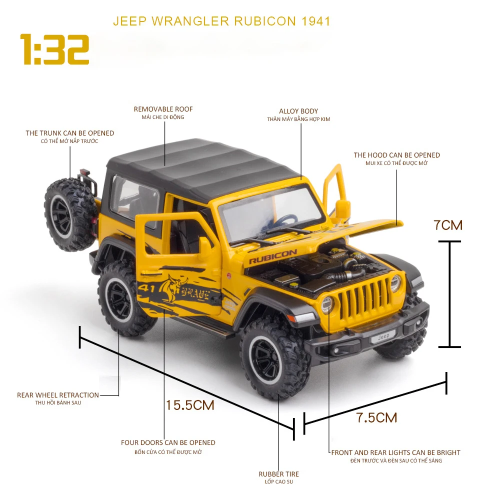 1:32 Jeep Wrangler Rubicon Alloy Off Road Diecast Model Sound &  Lihgt Toy Home Interior Decoration Kids Gift Birthday Present - Image 2