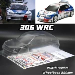High quality 306 WRC 1/10 Rally RC PC body shell lampshade190mm width Transparent drift body shell RC For hsp Tamiya XV-01 PTG
