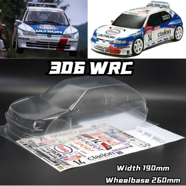 High quality 306 WRC 1/10 Rally RC PC body shell lampshade190mm width Transparent drift body shell RC For hsp Tamiya XV-01 PTG