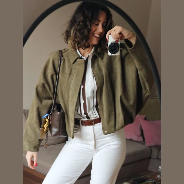 HXAO Women's Bomber Jacket Lapel Long Sleeve Zipper Suede Jacket Women 2025 High Street Cropped Racing Jackets Coats Outerwears - Image 4